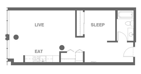 Floor plan for 1 bed, 1 bath, 666 sqft